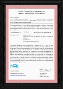 Certificate of registration of facilty