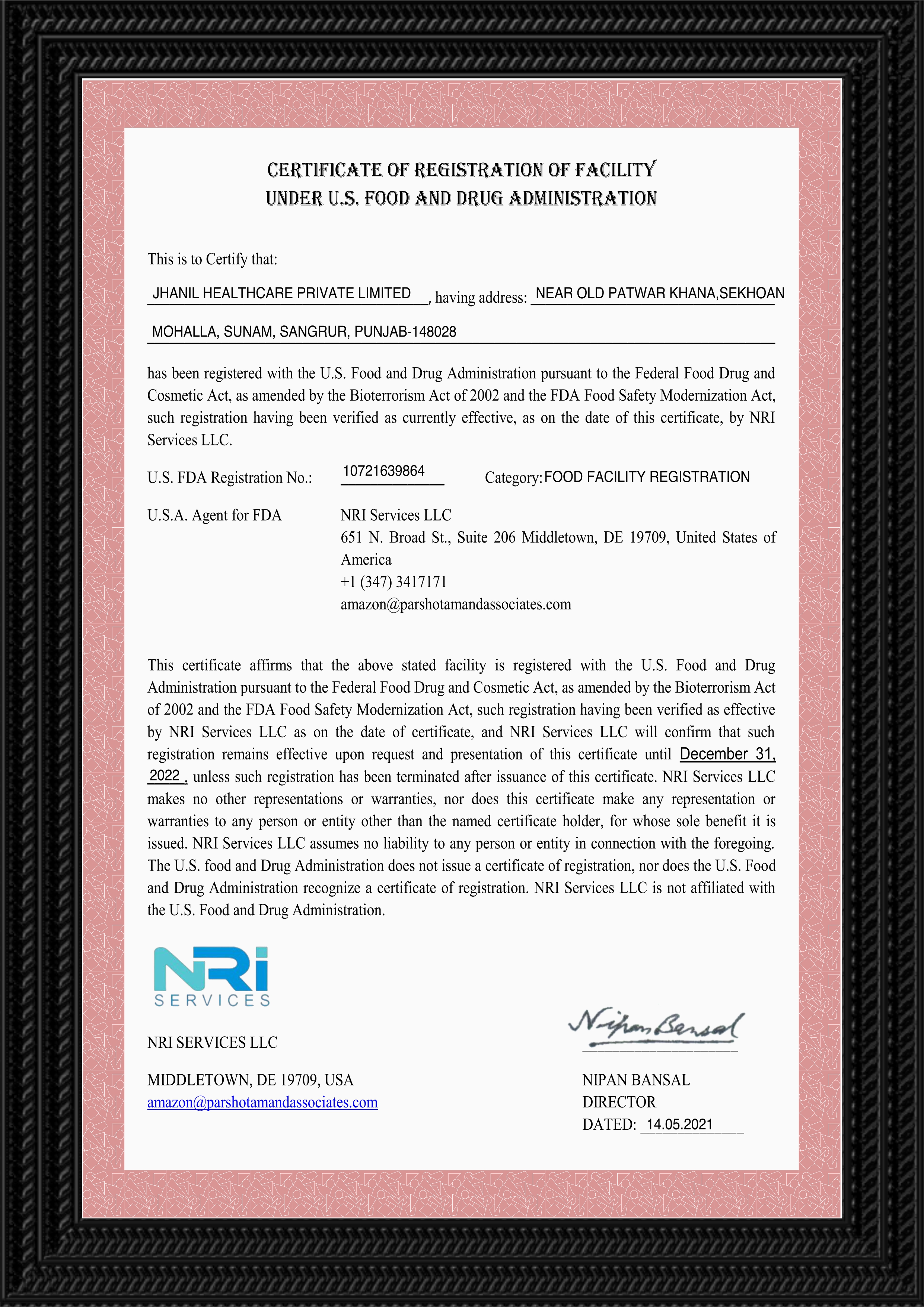 Certificate of registration of facilty