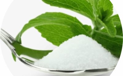 zero calorie Stevia Powder in spoon with stevia leaves
