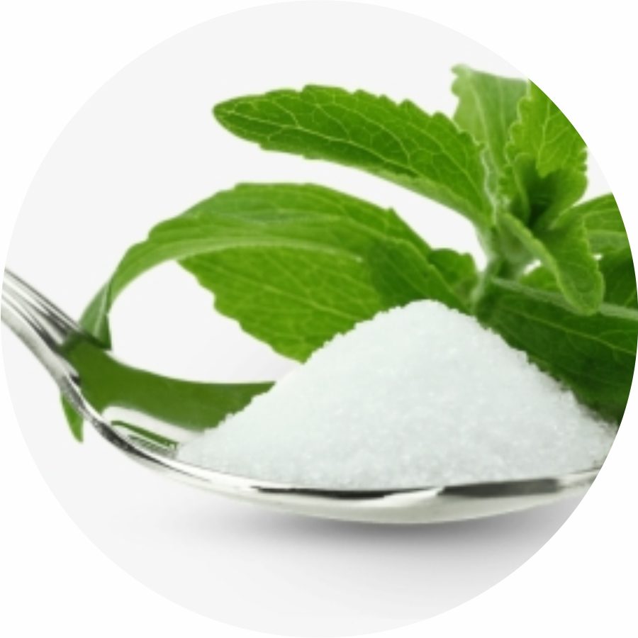 zero calorie Stevia Powder in spoon with stevia leaves