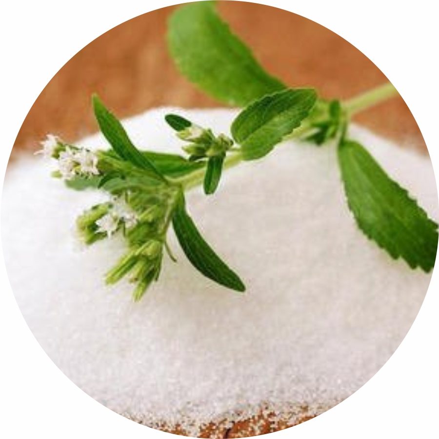 Circular image of Stevia leaf with powdered stevia